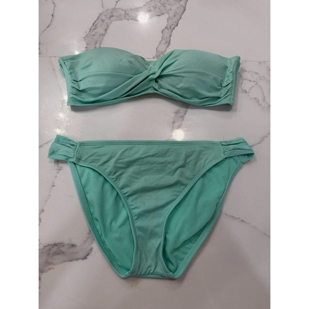 Mossimo Bikini Set Womens Medium Green Bandeau Strapless Twist Front Padded